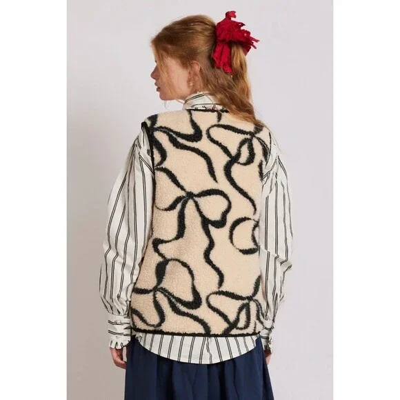 Free People Damson Madder UK 10 US 6 Marta Borg Gilet Bow Vest Teddy Black New - Picture 2 of 16